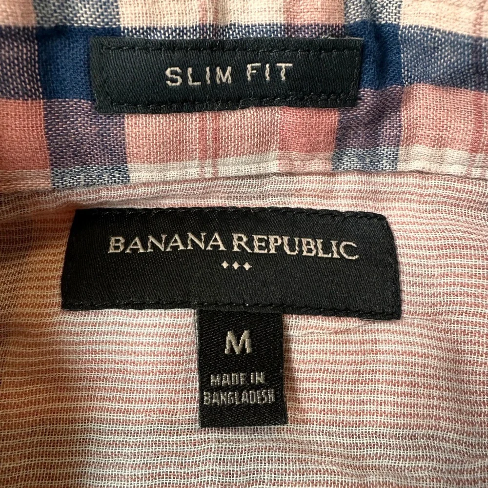 Banana Republic Button Down‎ Shirt Mens M Slim Fit Plaid Pink Blue Casual Summer